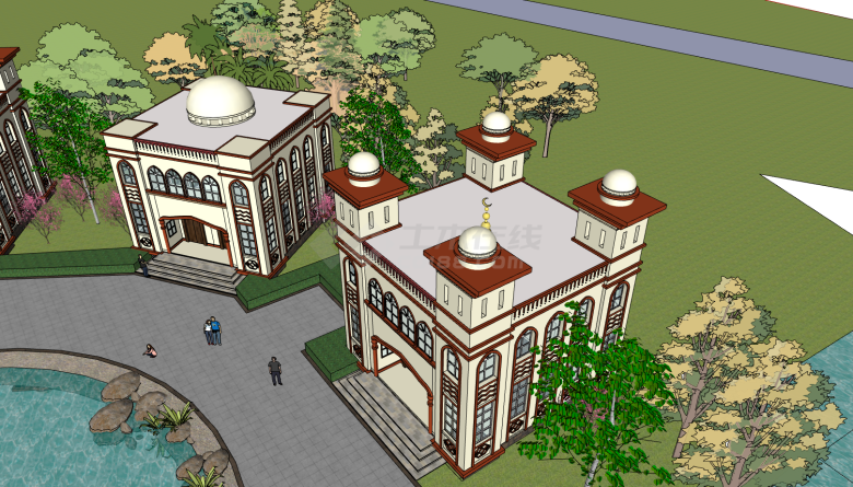 荷花池和屋顶有半球形造型的回族伊斯兰风格别墅su模型-图二