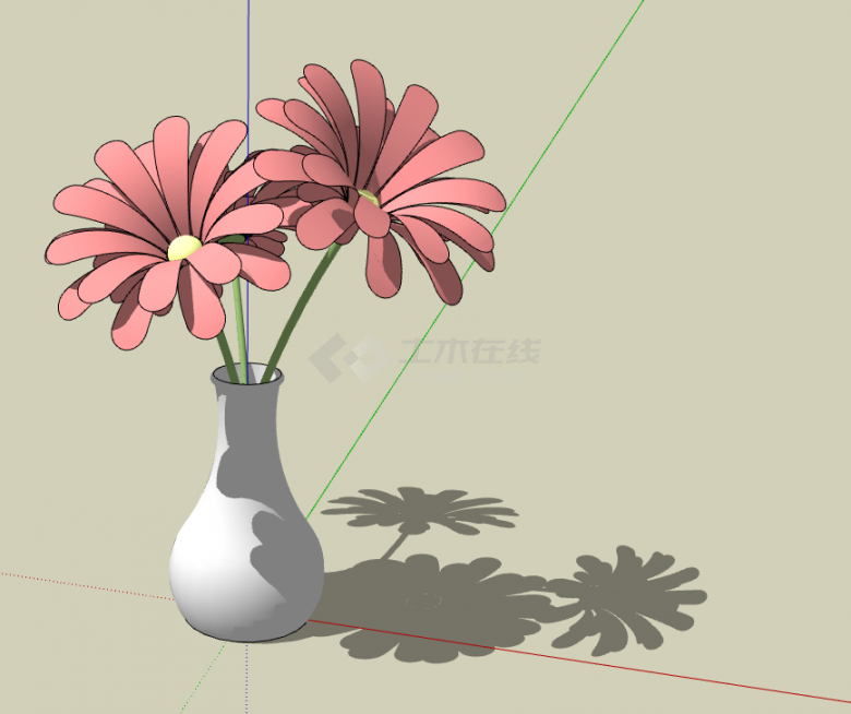 白色花盆儿开粉色花朵室内植物su模型-图一