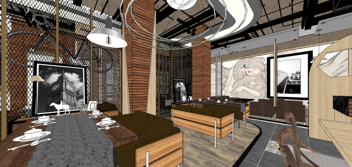 现代工业风格的咖啡馆su模型_图1