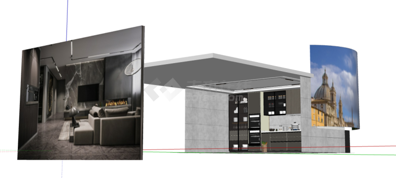 带有背景墙的现代厨房su模型-图二