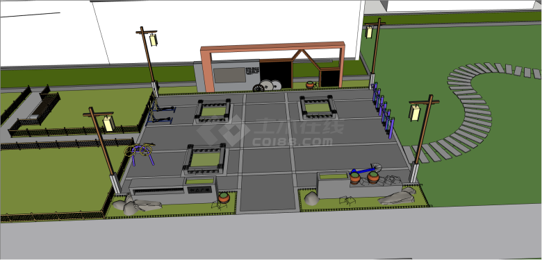 新中式乡村健身广场su模型-图一