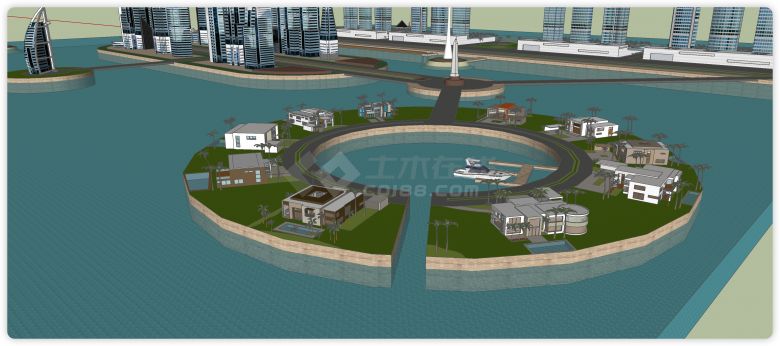 环形别墅群海边高楼城市规划商业综合体建筑SU模型-图一