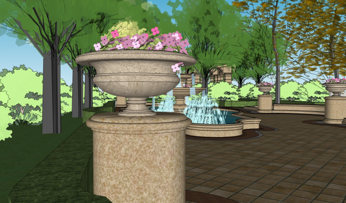 喷泉花盆巴洛克风格小公园su模型_图1