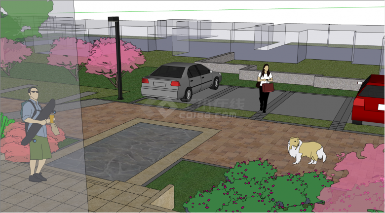 带有花草树木的带有停车位的小区广场su模型-图二