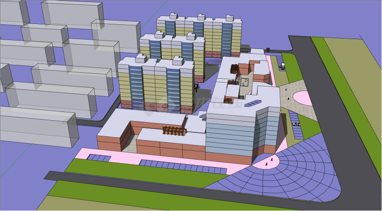 带有多栋住宅跟活动中心的设计图su模型-图二