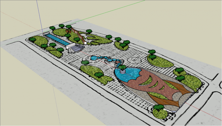 带有水池的绿化园林广场公园su模型-图一