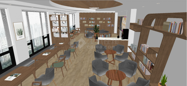 现代企业内部图书馆及阅览室设计布局su模型-图二