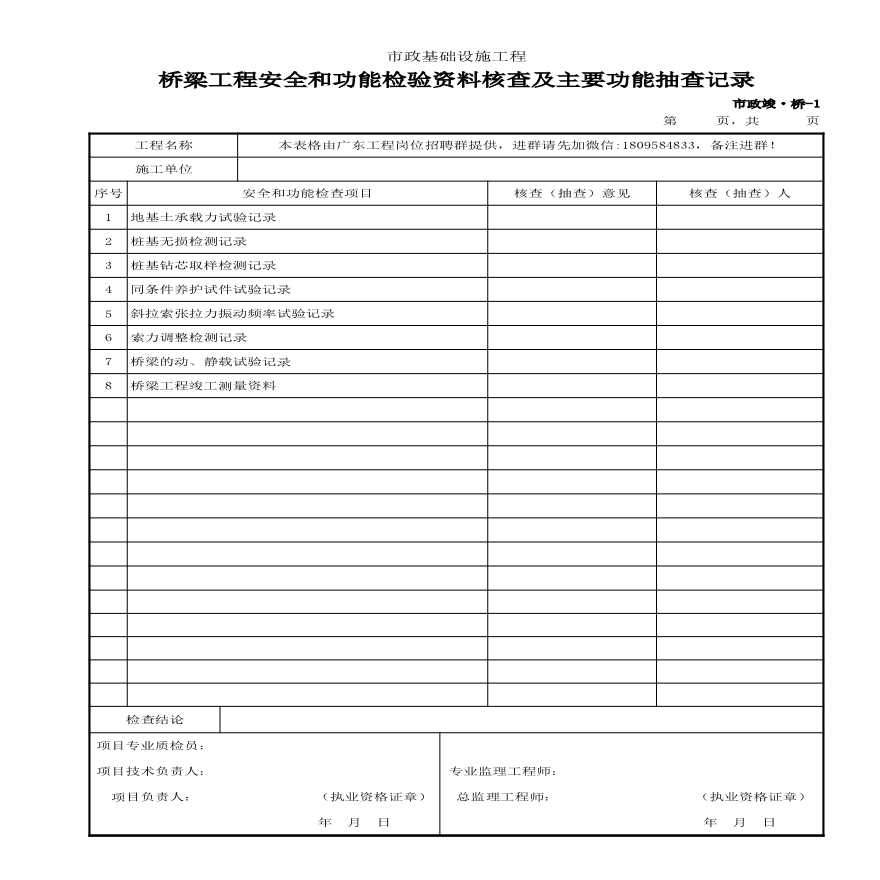 001-市政竣·桥-1 桥梁工程安全和功能检验资料核查及主要功能抽查记录