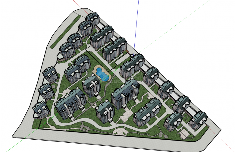 三角形现代多层住宅建筑与景观su模型-图二