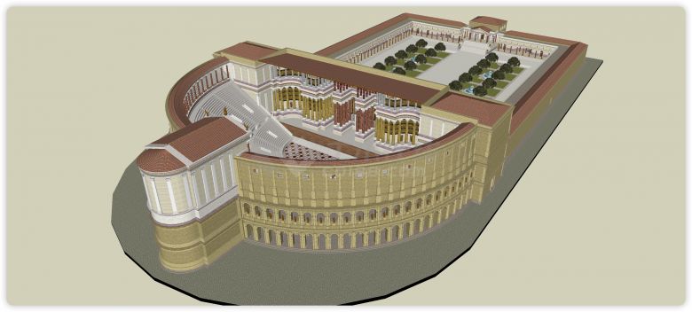绿树喷泉前庭黄色主体剧院古罗马建筑su模型-图一