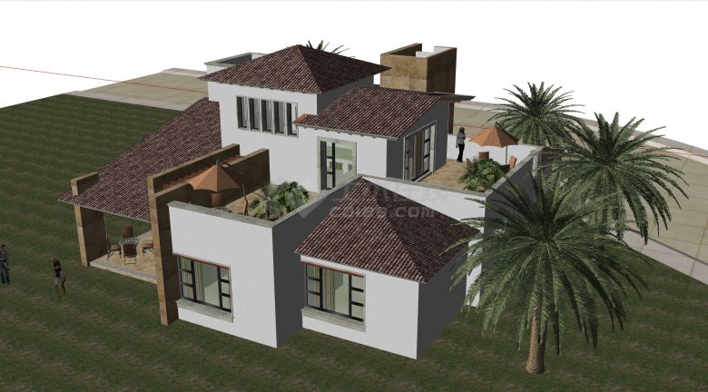 四周种植椰树的现代双层瓦屋面别墅su模型-图二