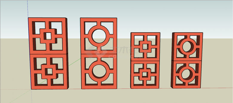 中式棕红色方形镂空元素构件su模型-图二