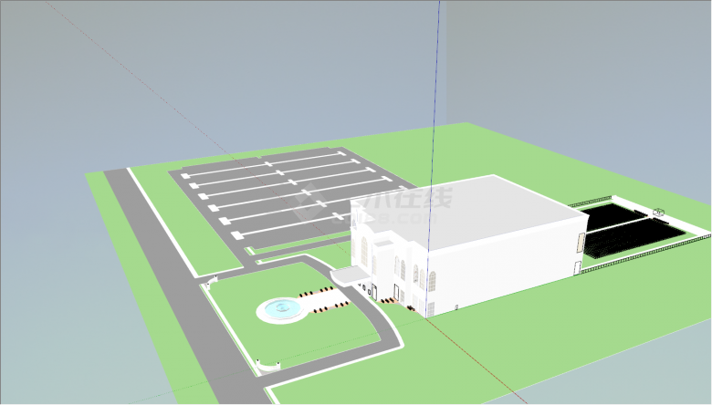 白色双层带有喷泉的古建筑su模型-图二