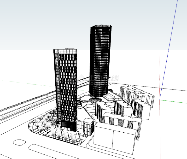 高层写字楼商业街一体su模型-图一