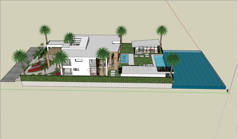 带泳池白色长型现代别墅su模型-图二