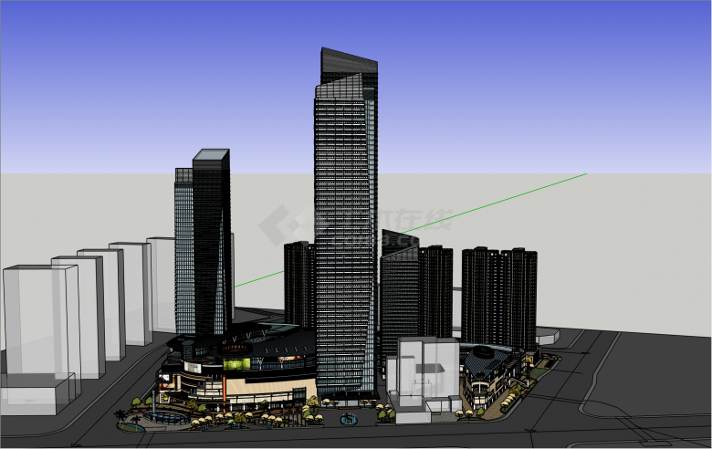 小规模现代风格商业综合体及住宅楼细模su模型-图二