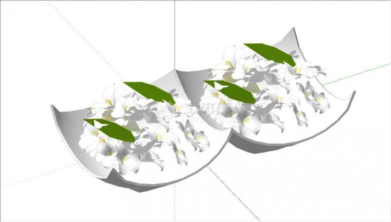 白色的碟子里放置着白色的花朵跟绿色的树叶su模型-图二