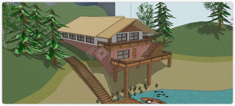 山丘上湖边红色砖和木组合结构木屋su模型-图二
