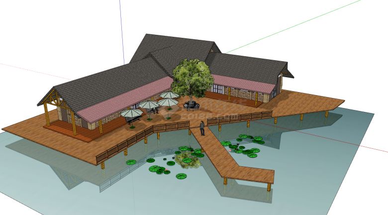 湖边木质观景台砖木结构木屋su模型-图一