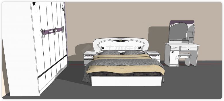圆角设计床头板白色双人床su模型-图二