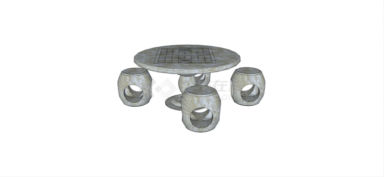 圆形花岗岩材质桌凳组合su模型-图二