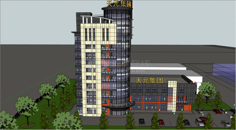 带有高层的矮层的时尚的办公楼建筑su模型-图二
