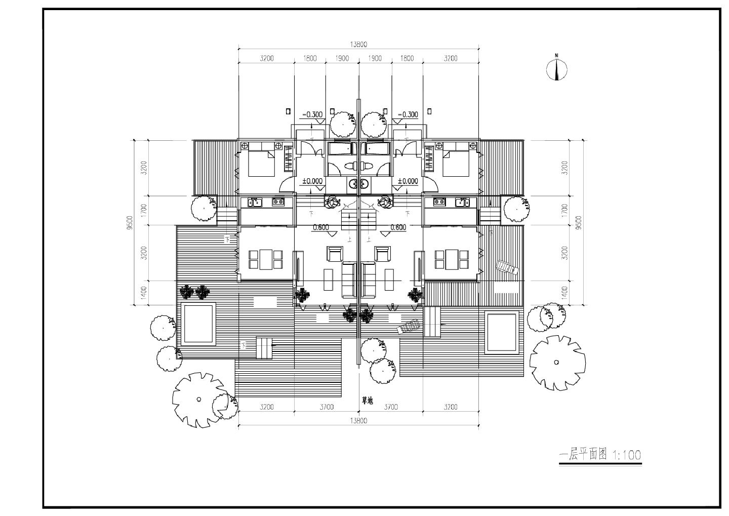 90四川合院双拼别墅建筑平面CAD图
