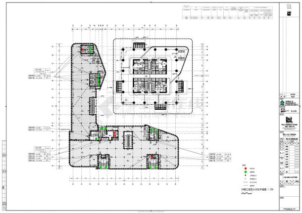 绿地·中央广场北地块地上部分-2号楼三层平面及防火分区平面CAD图-图一