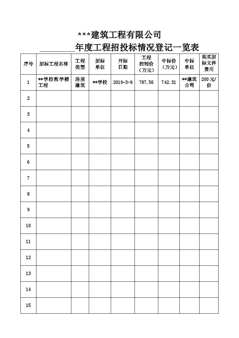 建筑公司招投标标登记表 建筑工程公司管理资料.docx-图一