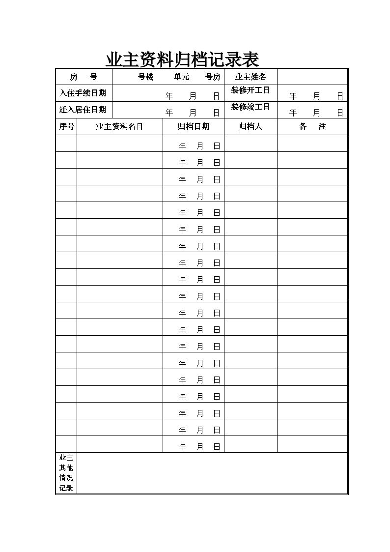 武汉某物业管理公司业主档案归档记录表（1页）.doc-图一