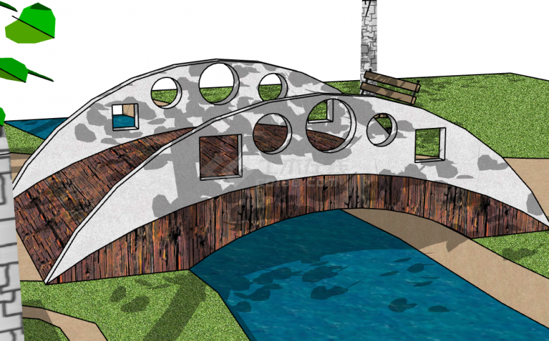 小型木制公园拱桥su模型-图二