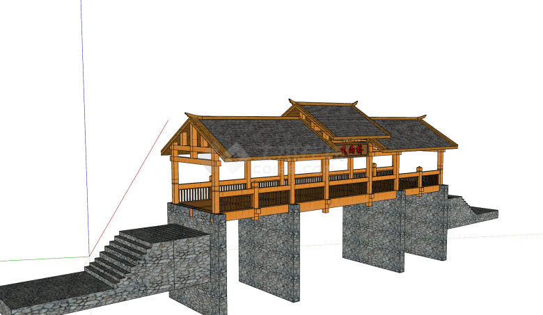 中式石制木制多材料廊桥su模型-图二