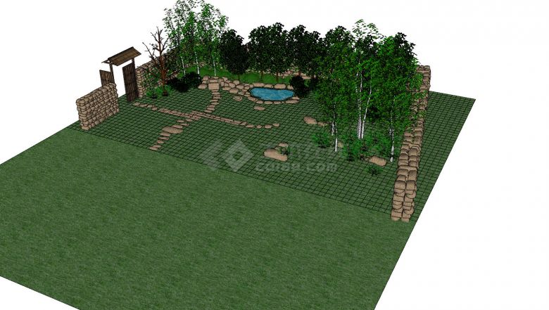 小型带水池庭院花园su模型-图二