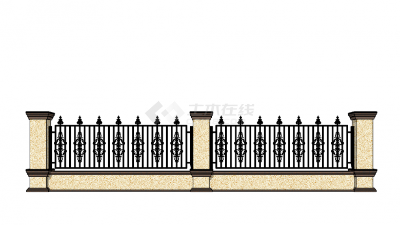 带尖顶栏杆欧式围墙SU模型-图二
