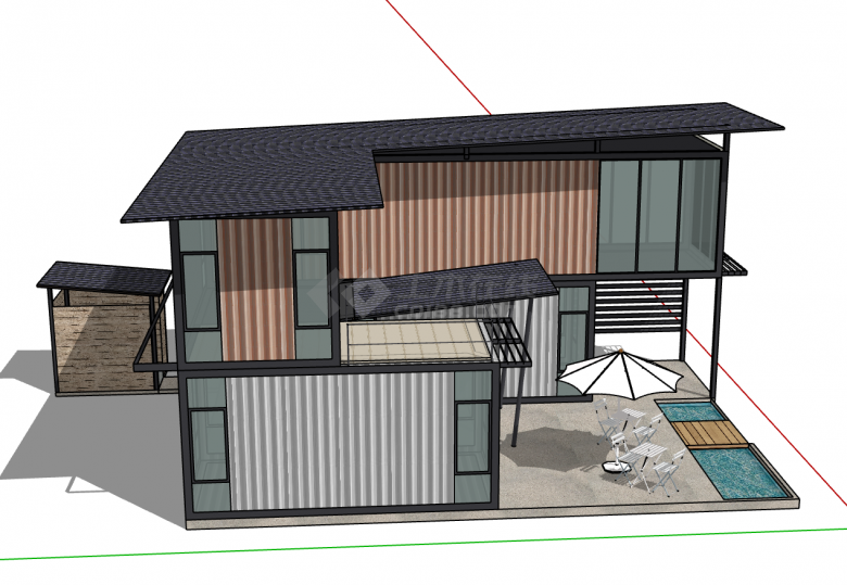 小型双层休闲简朴集装箱改造民宿餐厅su模型-图二