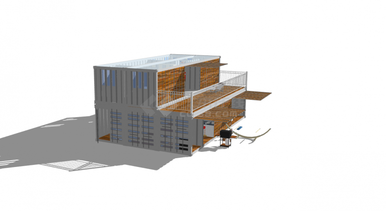 露天阳台双层木制集装箱餐厅su模型-图二