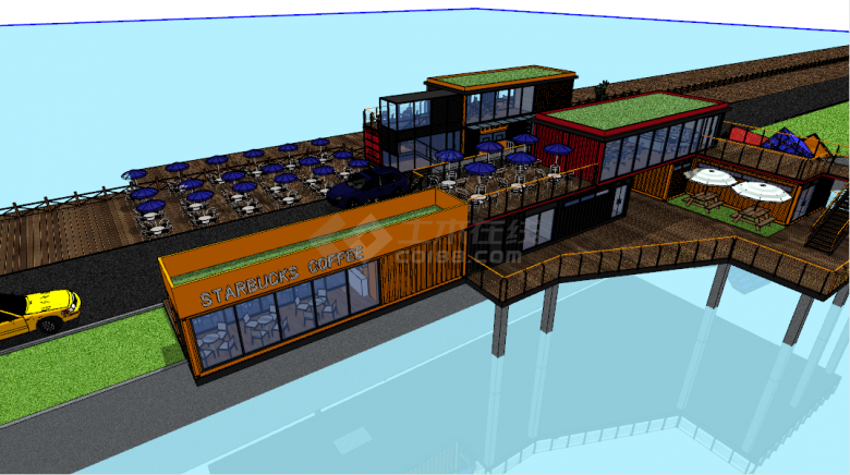 匠心独具的工业风集装箱改造的现代化民宿餐厅su模型-图一
