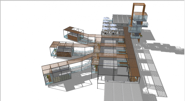连廊造型的工业风集装箱改造现代民宿餐厅su模型-图二