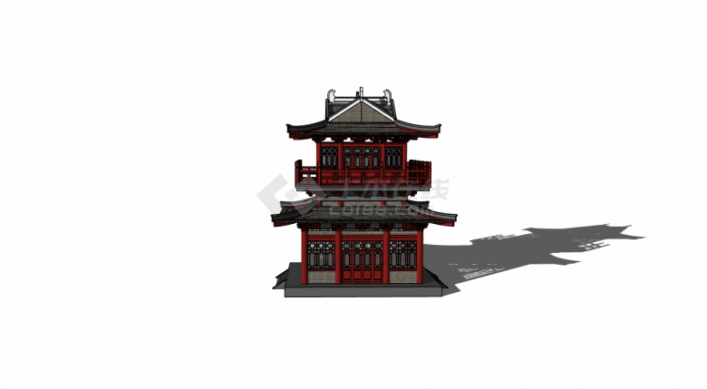 中国风古典红黑色带檐角亭子su模型-图二
