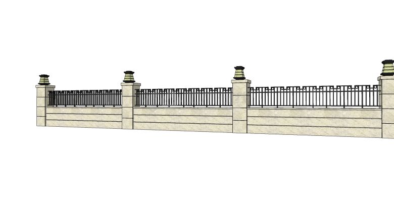欧式铁栏杆带灯围墙 su模型-图二
