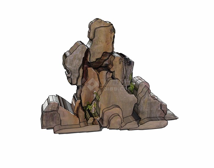 木制艺术感土黄色假山置石su模型-图二