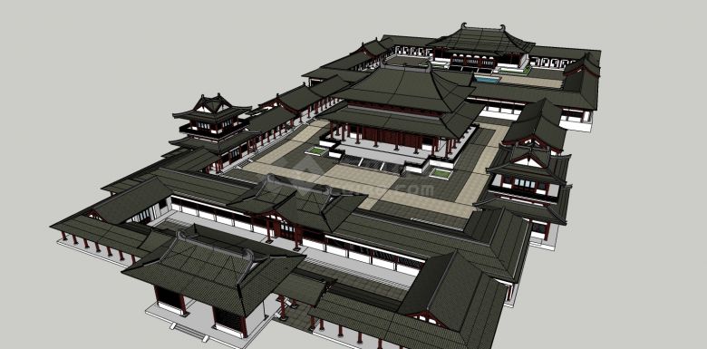 中式三进院带水池宫殿古建筑su模型-图一