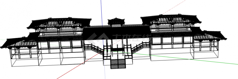 黑色结构复杂水榭游廊su模型-图二