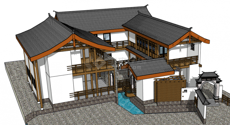 褐色柱子白墙中式住宅su模型-图二