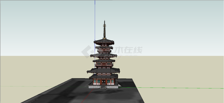 中式三层夹层封闭式木制楼塔su模型-图一