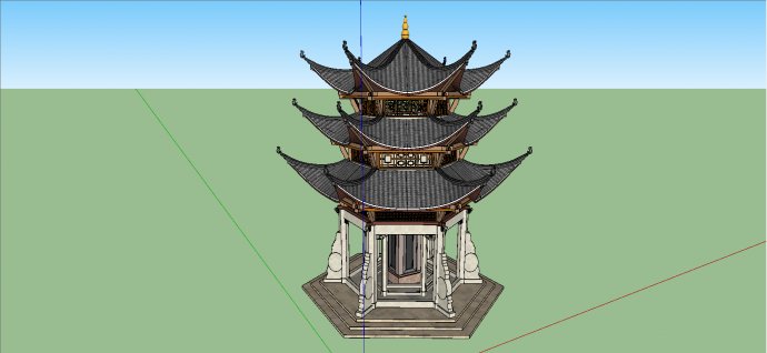 中式三层立碑石塔亭su模型_图1