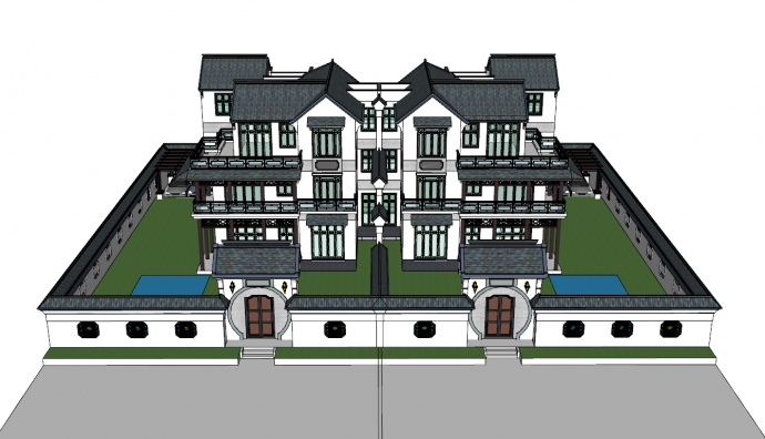 中式带两个庭院门双拼建筑su模型_图1