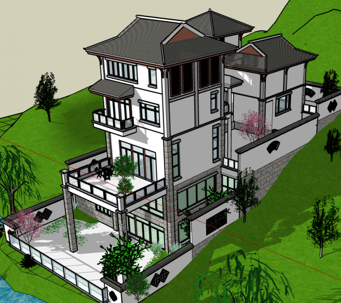 白色山地中式别墅su模型_图1