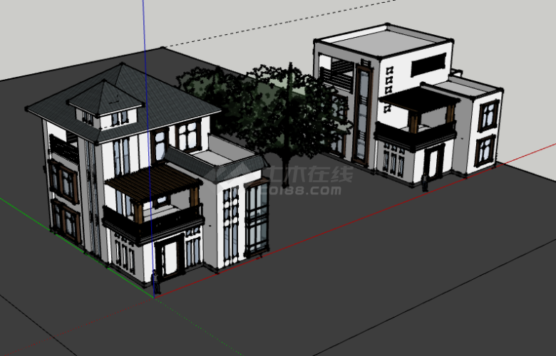 白墙黑顶中式小别墅su模型-图二