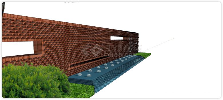 小喷泉红砖景墙su模型-图二